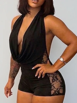 Halter Backless Lace Panel Sheer Rompers