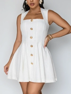 Plain Buckle Sleeveless A-line Mini Dress
