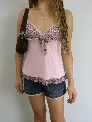 Y2k Lace Trim Leopard Print Tank Top