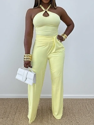 Metal Decor Halter Backless Pant Sets
