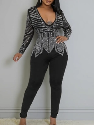 Embellished V Neck Long Sleeve Jumpsuits