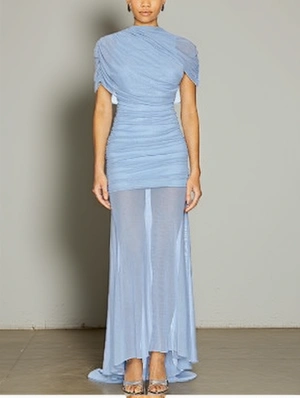 Sexy Mesh Ruched Maxi Dress With Train