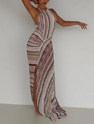 Contrast Striped Halter Backless Maxi Dress