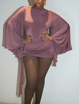Trumpet Sleeve Ruched Backless Mini Dress