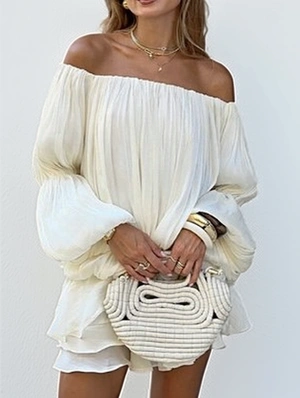 Off Shoulder Ruched Lantern Sleeve Mini Dress