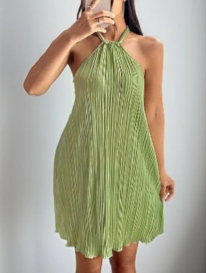 Halter Pleated Sleeveless Vacation Mini Dress