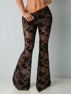 Rose Print High‑Stretch Sheer Flared Pants