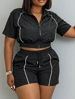 Striped Trim Line Zipper Hooded Short Sets