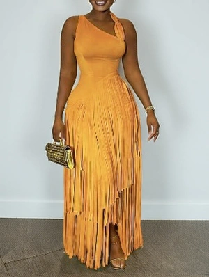 Fringe One Shoulder Bodycon Maxi Dress