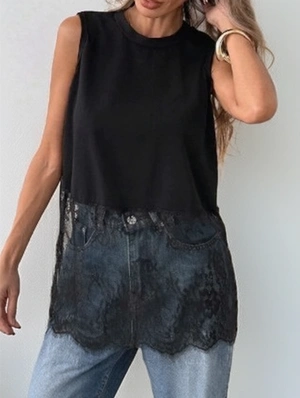 Crewneck Sleeveless Lace Design Tops