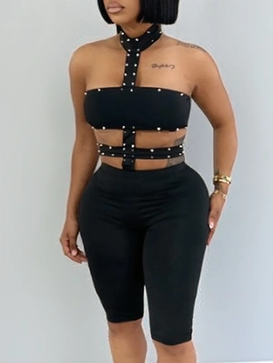 Beading Halter Backless Knee Rompers