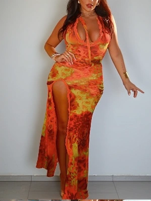 Halter Backless Lace Up Printed Sleeveless Vacation Dress