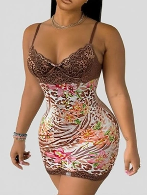 Floral Leopard Sleeveless Lace Detail Mini Dress