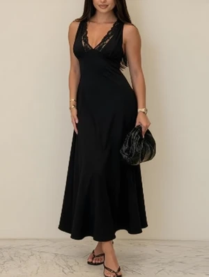 Solid Lace Up Sleeveless Maxi Black Dress 