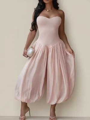 Plain Fitted Strapless Ruched Jumpsuits
