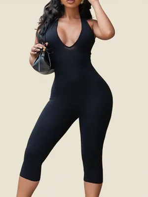 V Neck Halter Backless Lace-Up Capri Rompers