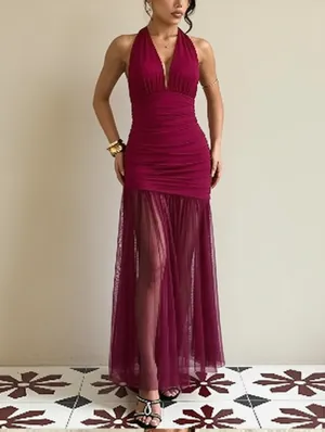 Halter Ruched See Through Mesh Maxi Dress