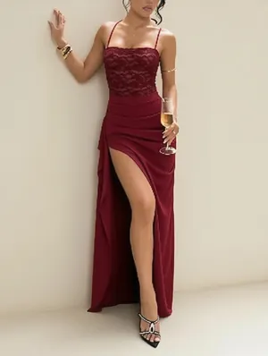 Embroidery Ruffle Side Slit Strap Maxi Dress