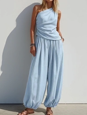 Ruched One Shoulder Loose Pant Sets