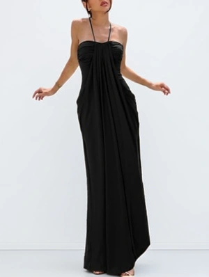 Halter Sleeveless Drape Pleated Maxi Dress