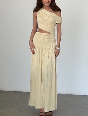 Solid Ruched One Shoulder Sleeveless Maxi Dress