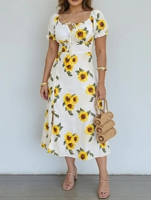 Summer Boho Floral Puff Sleeve Midi Sundress