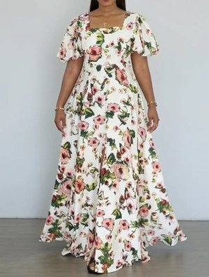 Boho Floral Bubble Short Sleeve Maxi Dress