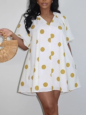 Polka Dots Lantern Short Sleeve Loose Mini Dress
