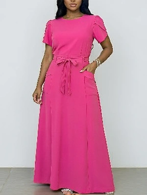 Solid Belted Waist Short Sleeve Long Dress