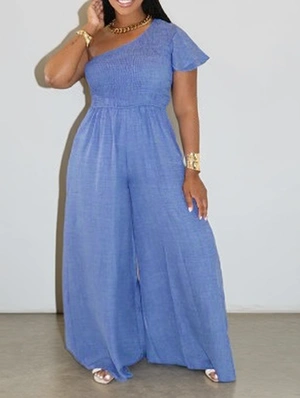 Inclined Shoulder Wide Leg Jumpsuits