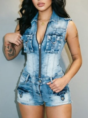 Denim Lapel Sleeveless Zipper Rompers