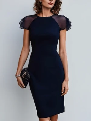 Ruffle Sheer Short Sleeves Elegant Fitted Midi Dress