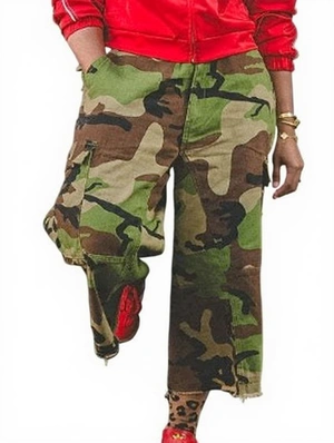 Camouflage Loose Raged Hem Cargo Pants