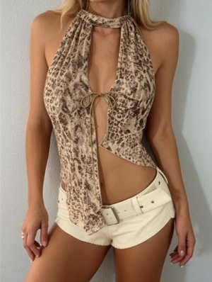 Hollow-out Halter Cropped Leopard Tanks 