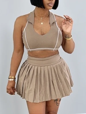 Lined I-Shaped Lapel Pleated Skirt Sets