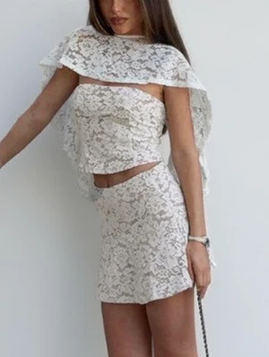 Lace Panel Patchwork Smock Skirt Sets