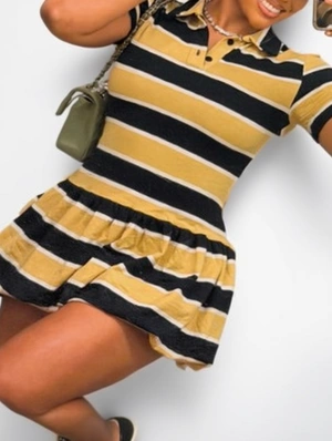 Colorblock Striped Lapel A-line Mini Dress