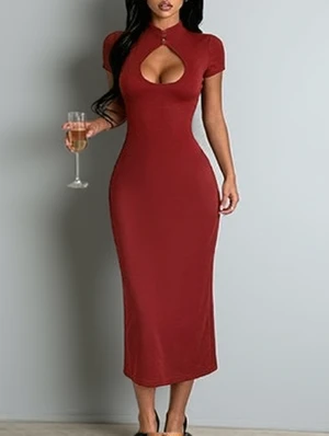 Hollow-out Pure Color Short Sleeve Dress