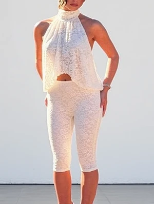 Lace Panel Halter Backless Capri Pants Sets