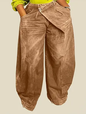 Washed Denim Irregular Wide Leg Jeans