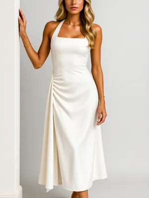 Pleated Side‑Slit Halter Midi Dress