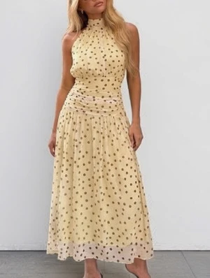 Pleated Polka Dot Sleeveless Midi Dress