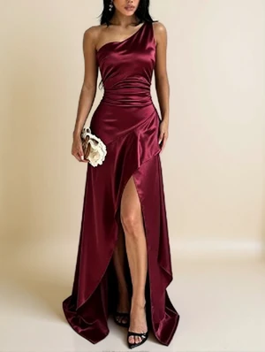 One‑Shoulder Satin Ruched Side Slit Gown
