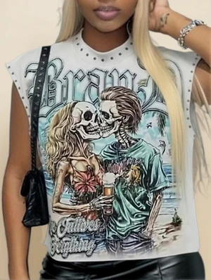 Skull Printed Loose Casual Rivet Tanks