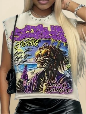 Abstract Skull Printed Vintage Rivet Tanks