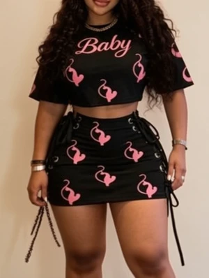 Cartoon Letter Cropped Tie-wrap Skirt Sets