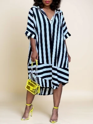 Stripe Baggy Short Sleeve Midi Shirt Dress
