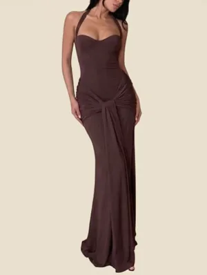 Halter Draped Sash Pleated Maxi Dress