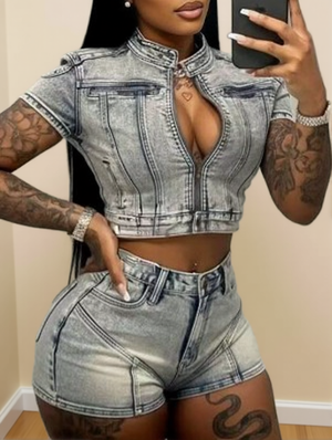 Denim Cropped Zipper Coats Short Sets