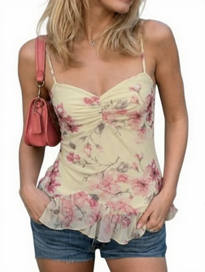 Disty Floral Printed Spaghetti Straps Baggy Design Tops